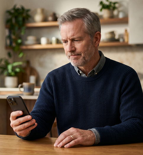 man using smartphone with concerned look